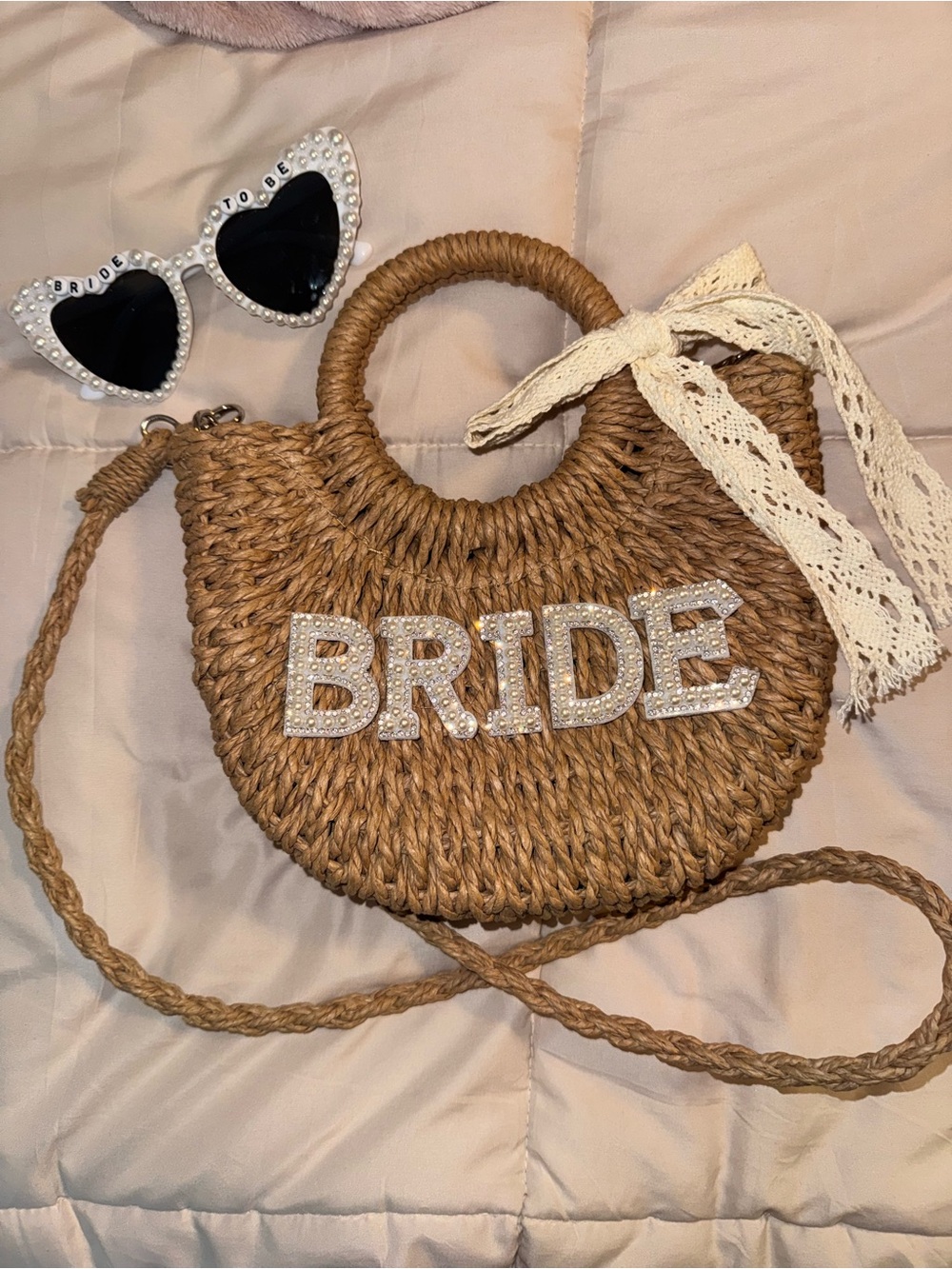 Bride Embellished Straw Circle Crossbody Bag and bride sunglasses - Natural